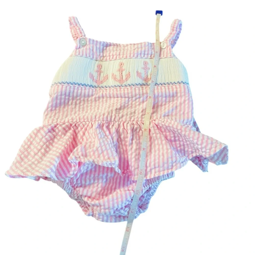 Southern Sunshine Kids Striped Pink Smocking Anchor Romper Size 9 Months